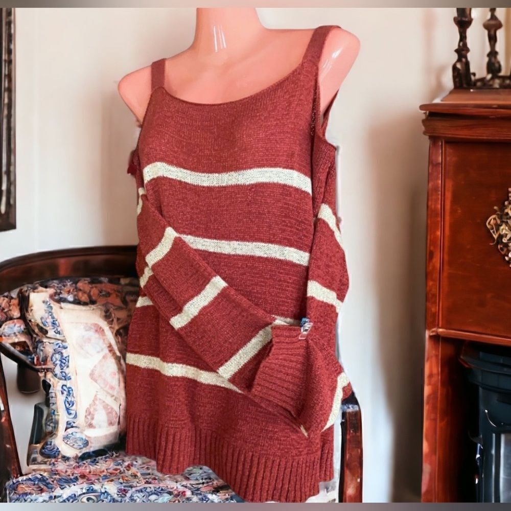 Blush l Rust Striped w/ Cold-Shoulder Cut-Outs l Sweater l 1X